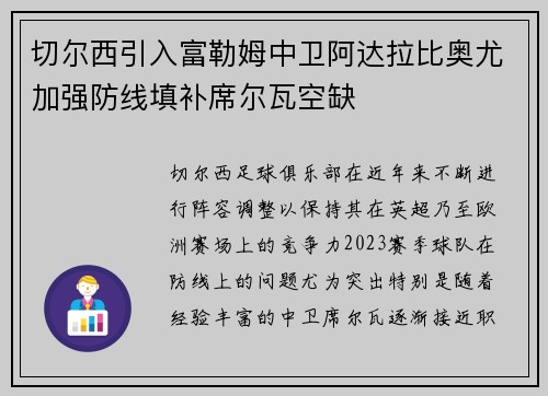 切尔西引入富勒姆中卫阿达拉比奥尤加强防线填补席尔瓦空缺 切尔西引入富勒姆中卫阿达拉比奥尤加强防线填补席尔瓦空缺