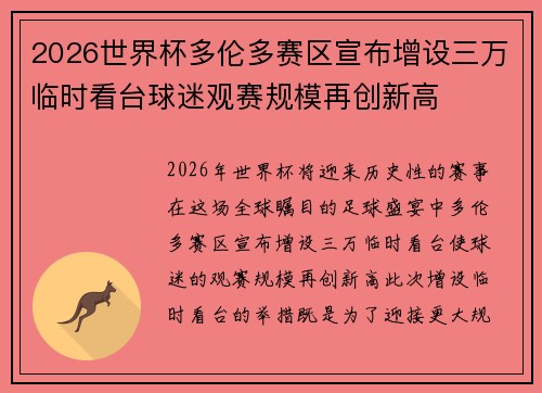2026世界杯多伦多赛区宣布增设三万临时看台球迷观赛规模再创新高 2026世界杯多伦多赛区宣布增设三万临时看台球迷观赛规模再创新高