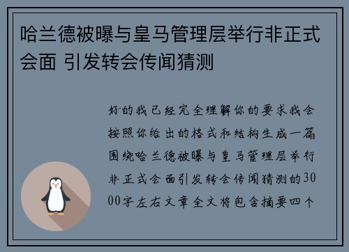 哈兰德被曝与皇马管理层举行非正式会面 引发转会传闻猜测 哈兰德被曝与皇马管理层举行非正式会面 引发转会传闻猜测
